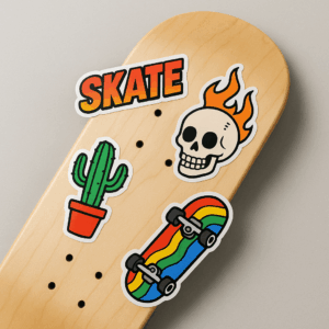 Skate, fire skull, Cactus, and rainbow skateboard stickers